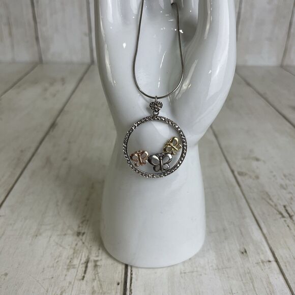 Sterling Silver 925 & 10K Gold Butterfly Circle Pendant Signed Turkey Necklace - Picture 1 of 9